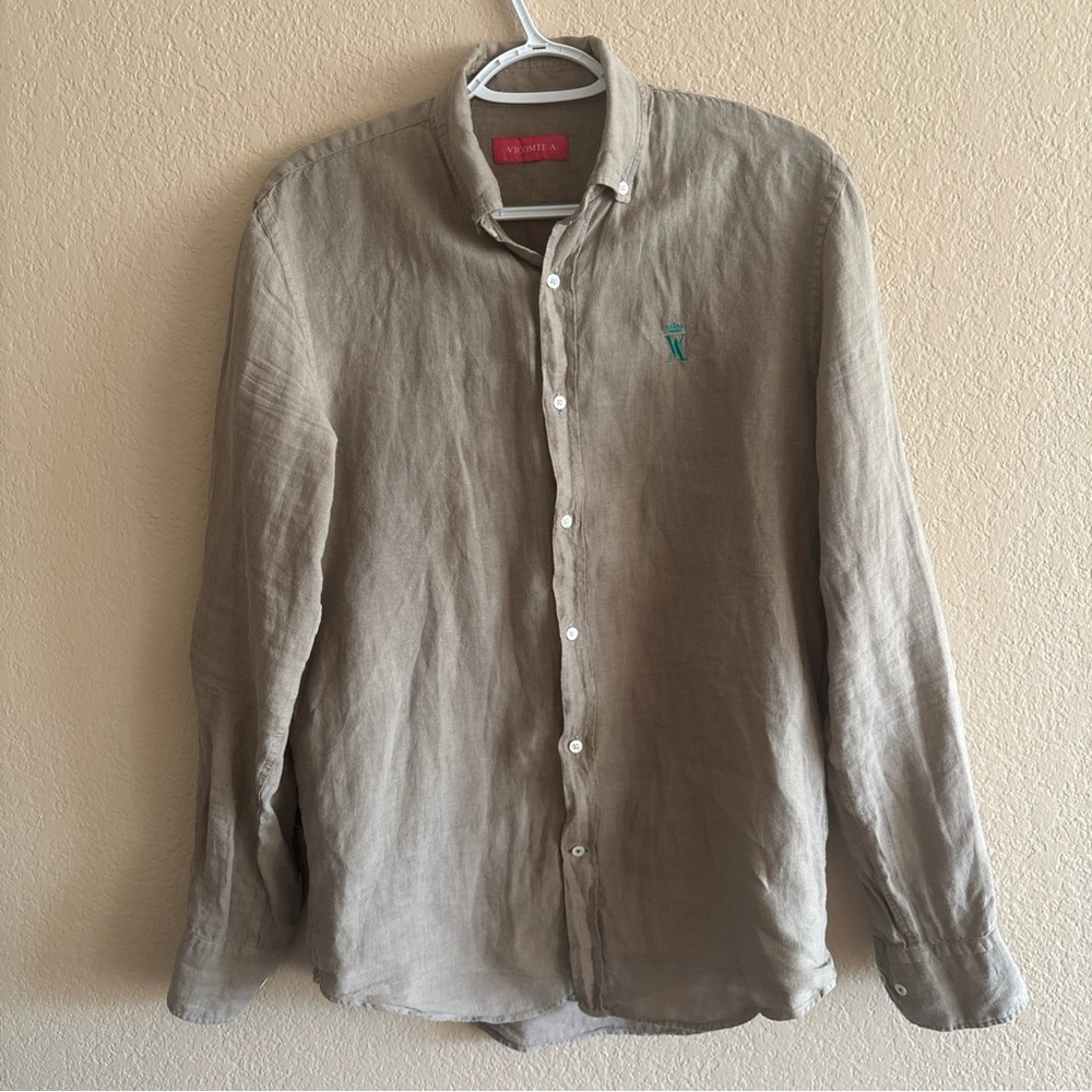 Vicomte A Long Sleeve Linen Khaki Beige Button Down Shirt Mens Size (S) Slim Fit